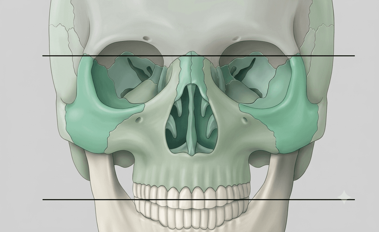 Cráneo frontal con las estructuras craneofaciales destacadas, mostrando la relación entre la cavidad nasal y el paladar