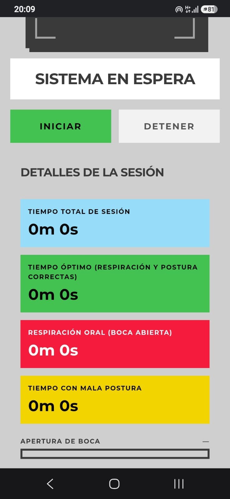 RinoMONITOR en móvil — sistema en espera con controles de sesión y detalles de tiempo óptimo, respiración oral y postura